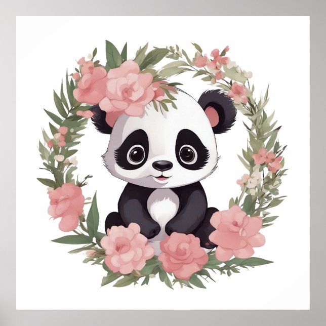 Affiche Bébé adorable Panda Ours avec fleurs (Devant)
