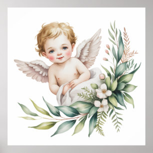 Affiche Bébé ange à l'aquarelle Ailes de plume Baptême