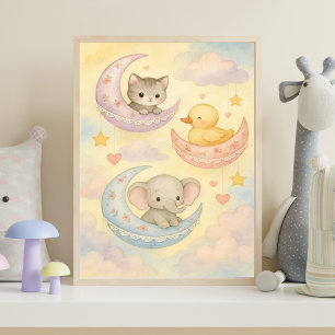 Affiche Bébé Animaux Lune Croissante Fille Chambre de Nurs
