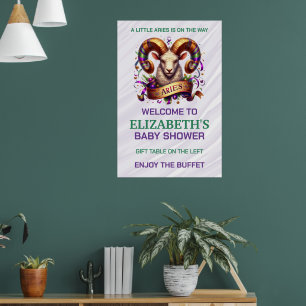 Affiche Bébé Bélier Fête de Naissance Lavande et Vert