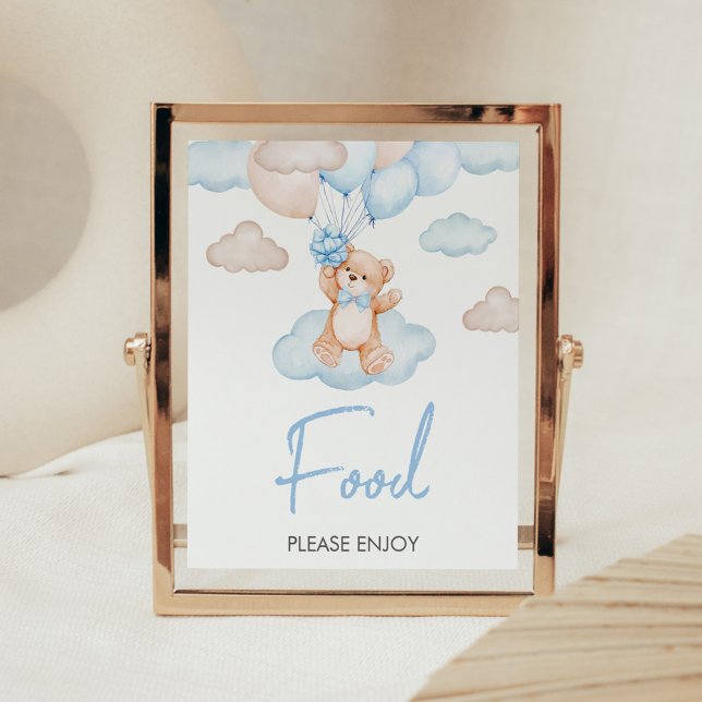 Affiche Bébé bleu Bear Balloon Baby shower Nourriture (Blue Bear Balloon Baby Shower Food Sign)