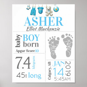 Affiche Bébé bleu Boy Birth Stat Signal avec empreinte
