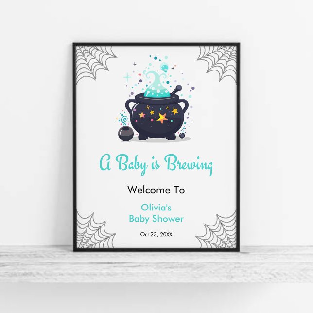 Affiche Bébé bleu brasse Baby shower d'Halloween Bienvenue (Blue A Baby is Brewing Cauldron Halloween Boy Baby Shower Welcome Sign  )