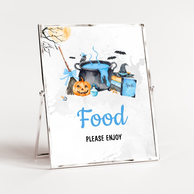 Affiche Bébé Bleu Brasse de la Nourriture de Sorcière (Boy Halloween Witch Baby Shower Food Sign)