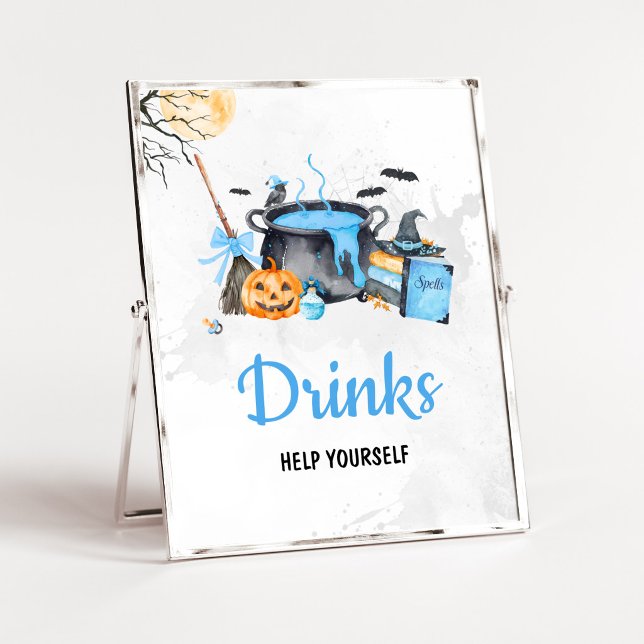 Affiche Bébé Bleu Brasse des Boissons de Sorcière Signe (Boy Halloween Witch Baby Shower Drinks SIgn)