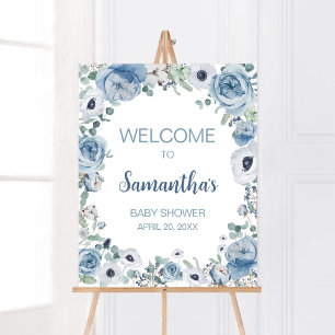 Affiche Bébé bleu en fleur Baby shower Bienvenue