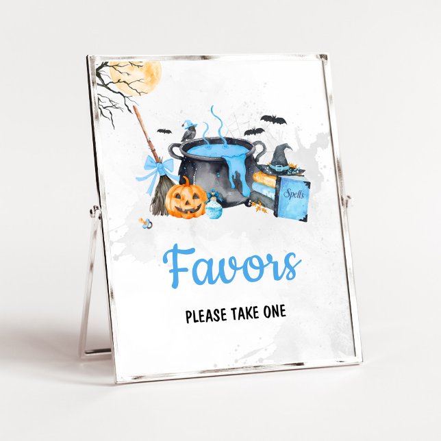 Affiche Bébé Bleu est en train de Brasser des Faveurs de S (Boy Halloween Witch Baby Shower Favors SIgn)