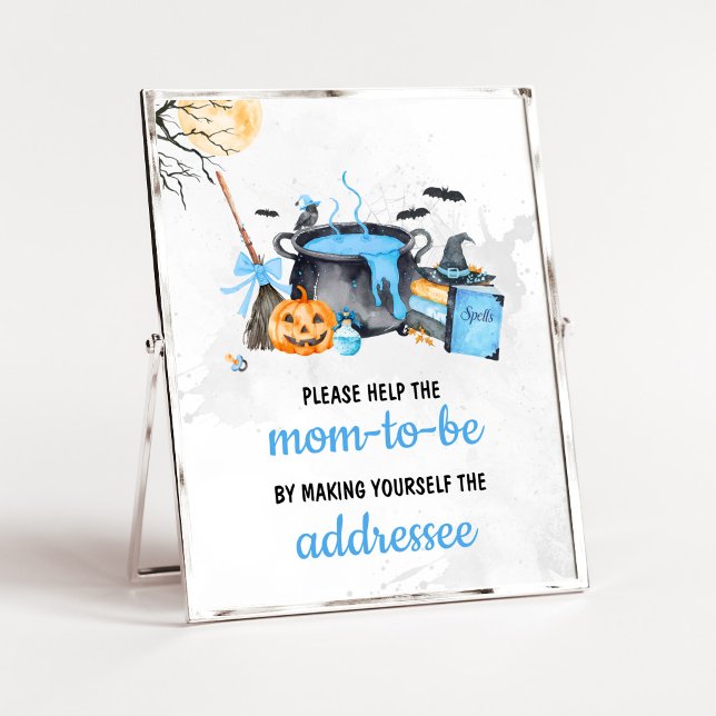 Affiche Bébé Bleu est en train de Brasser Enseigne de la S (Boy Halloween Witch Baby Shower Envelope Station Sign)