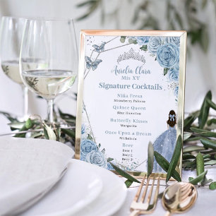 Affiche Bébé Bleu Floral Argent Quinceañera Menu boisson