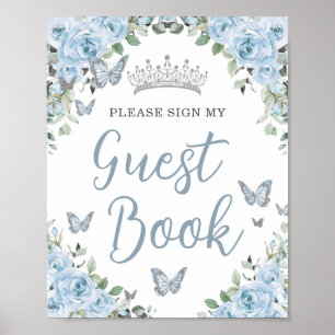 Affiche Bébé Bleu Floral Papillon Quinceañera Guest Book