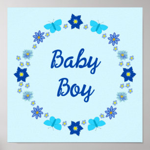 Affiche Bébé bleu Papillons et fleurs personnalisés