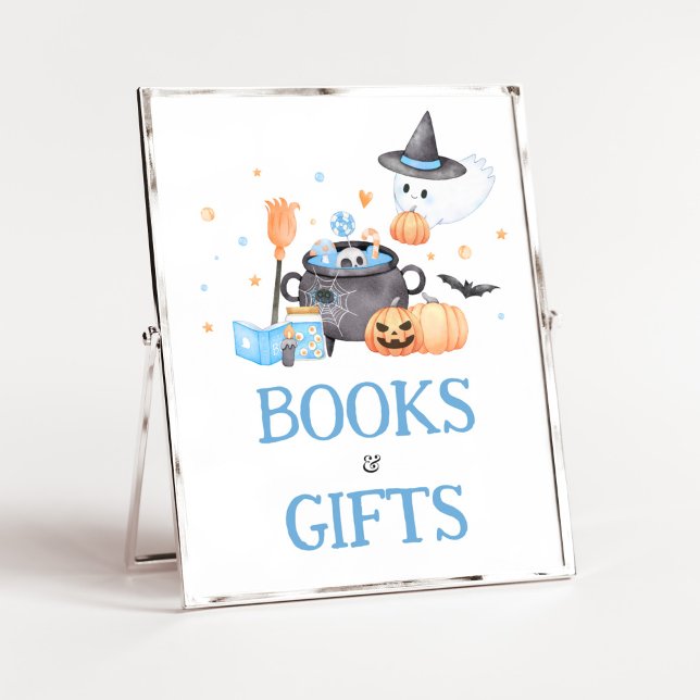 Affiche Bébé brasse Bleu Halloween Livres et cadeaux (Baby is Brewing Baby Shower Books and Gifts Sign)