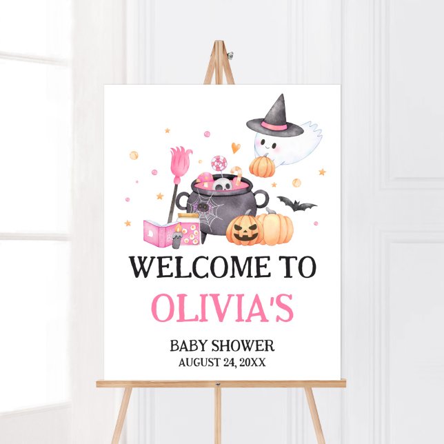 Affiche Bébé brasse rose Halloween Baby shower Bienvenue (Baby is Brewing Baby Shower Welcome Sign)