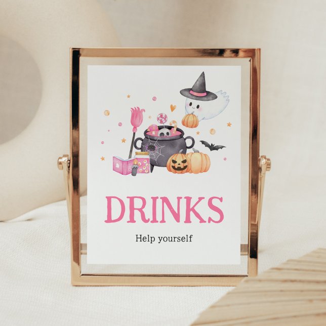 Affiche Bébé brasse rose Halloween Baby showers Boissons (Baby is Brewing Baby Shower Drinks Sign)
