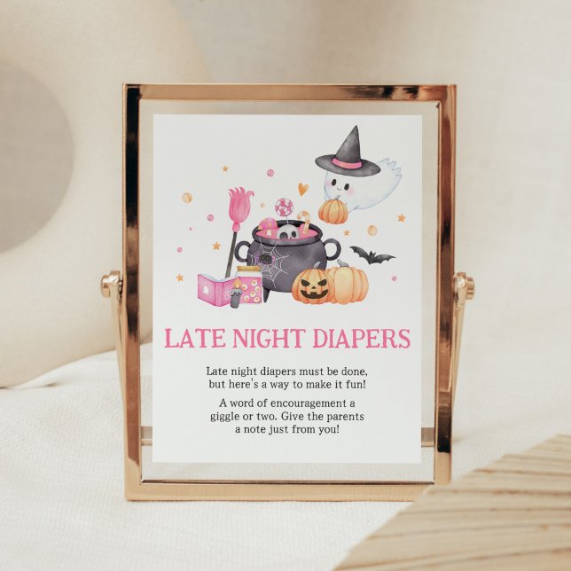 Affiche Bébé brasse rose Halloween Late Night Diapers (Baby is Brewing Baby Shower Late Night Diapers Sign)
