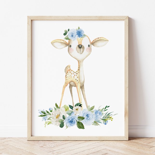 Affiche Bébé cerf, Animaux des bois, Boho, Fleurs bleues (Créateur téléchargé)