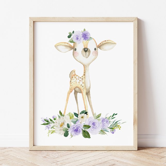 Affiche Bébé cerf, Animaux des bois, Boho, Fleurs violette (Créateur téléchargé)