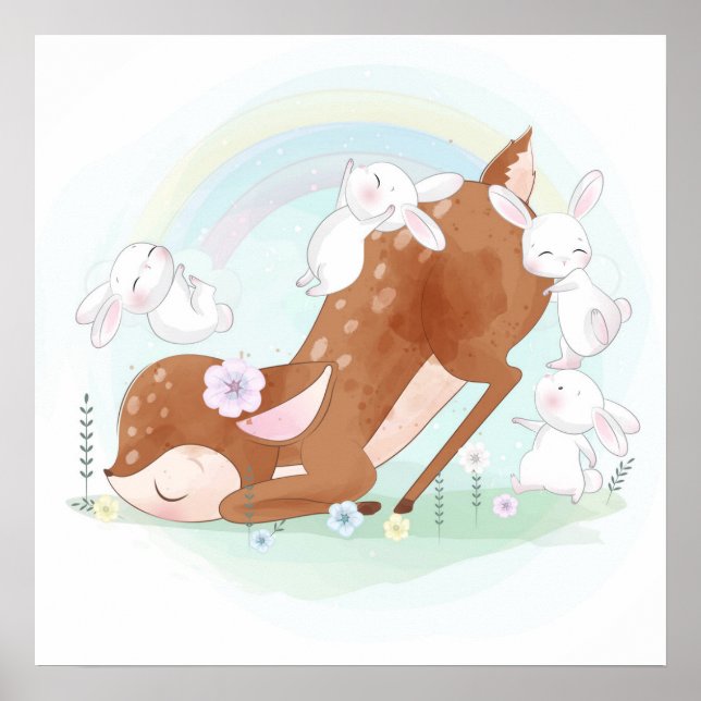 Affiche bébé cerf avec lapins bébés (Devant)
