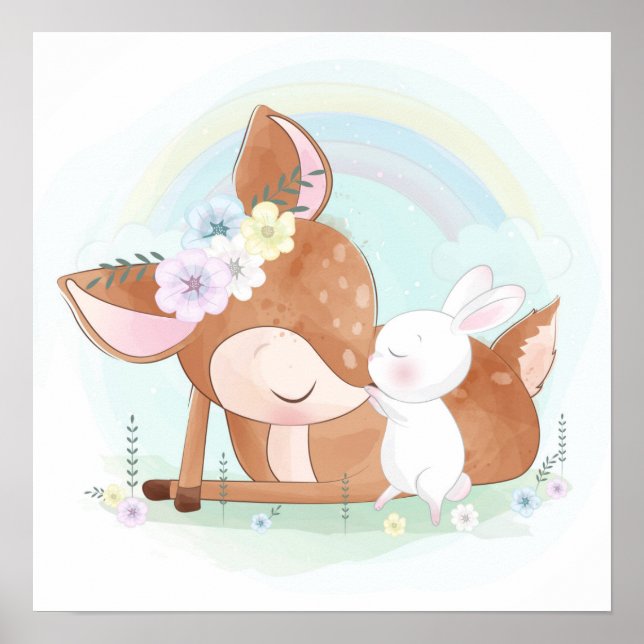 Affiche Bébé cerf avec un bébé lapin  (Devant)