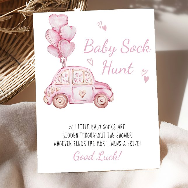 Affiche Bébé Chasse aux Sock Pink Car Balloons Baby shower (Baby Sock Hunt baby shower game poster - available printed or digital - by Darling & May)