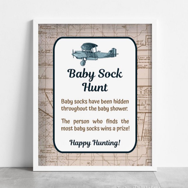 Affiche Bébé Chasse douche Jeu avion Vintage Voyage (Baby Sock Hunt Shower Game Sign, Vintage Airplane Travel Theme)