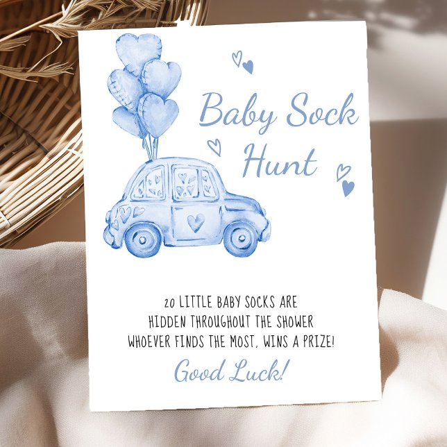 Affiche Bébé Chasse Sock Bleu Voiture Ballons Baby shower  (Baby Sock Hunt baby shower game poster - available printed or digital - by Darling & May)
