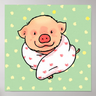 Affiche Bébé Cochon Mignon Enveloppé dans une Couverture