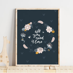 Affiche bébé couronne de fleurs oiseau   Art mural