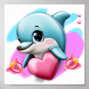 Affiche Bébé dauphin mignon avec cœur de la Saint-Valentin