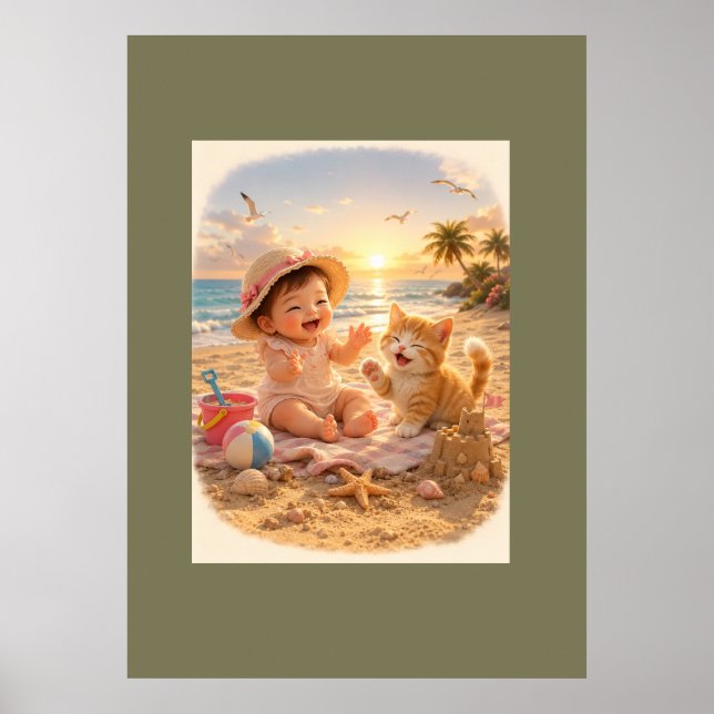 Affiche Bébé de la plage et joie du château de sable du ch (Devant)