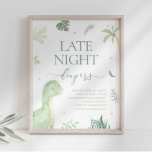 Affiche Bébé Dino Baby shower Late Night Diapers Signale