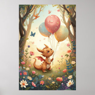 Affiche Bébé Dragon Ballon Aquarelle Pêche pour la Nurseri