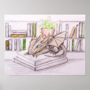 Affiche Bébé dragon bibliophile amateur de livres biblioth