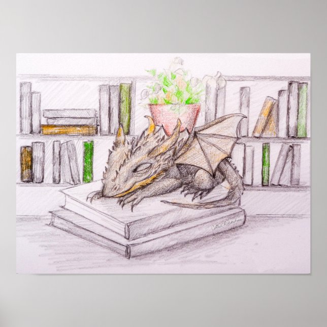 Affiche Bébé dragon bibliophile amateur de livres biblioth (Devant)