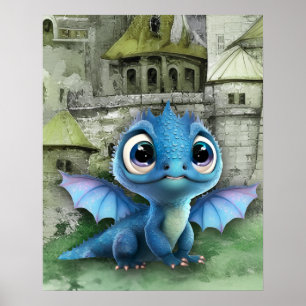 Affiche Bébé Dragon Bleu Et Imaginaire Château Médiéval