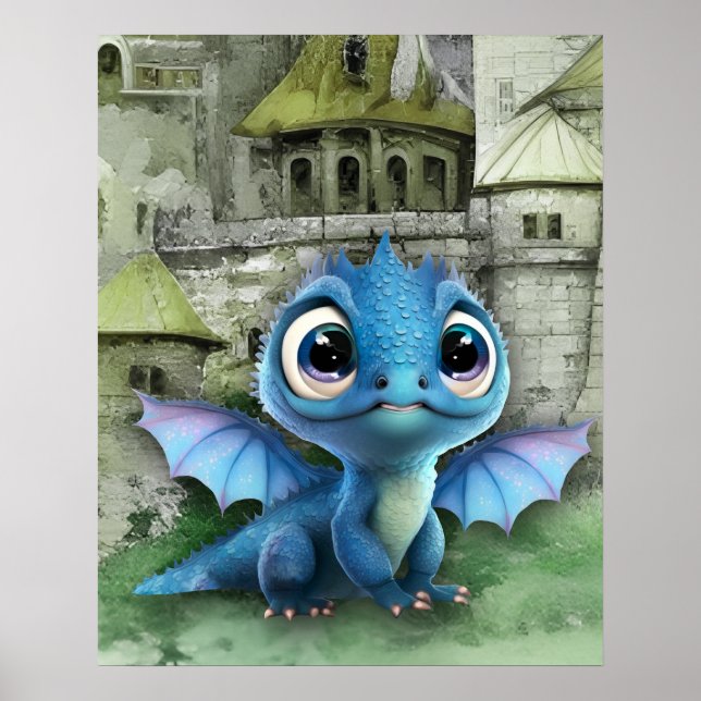 Affiche Bébé Dragon Bleu Et Imaginaire Château Médiéval (Devant)