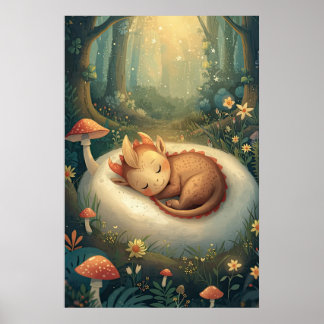 Affiche Bébé Dragon Dormant Teint Doré Nurserie de la Forê