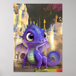 Affiche Bébé Dragon Violet Et Imaginaire Château Médiéval