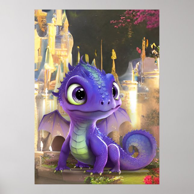 Affiche Bébé Dragon Violet Et Imaginaire Château Médiéval (Devant)
