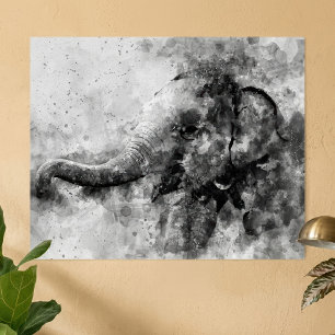 Affiche Bébé éléphant mignon en noir et blanc, art à l'aqu