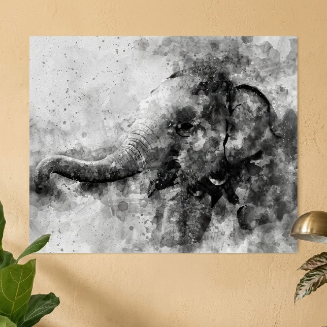 Affiche Bébé éléphant mignon en noir et blanc, art à l'aqu (Cute Baby Elephant Black and White Watercolor Art. Poster)