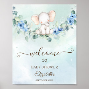 Affiche Bébé éléphant mignon Roses bleues