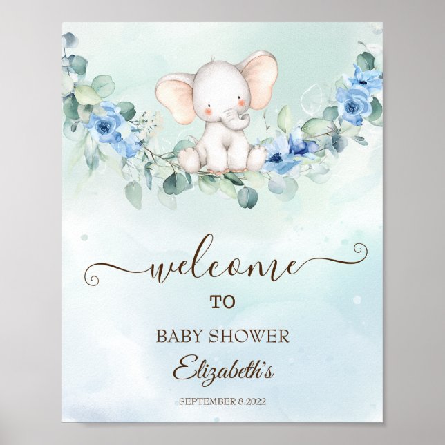 Affiche Bébé éléphant mignon Roses bleues (Devant)