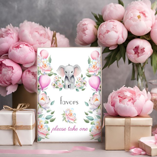 Affiche Bébé Eléphant Peonies, Ballons Faveurs (Créateur téléchargé)