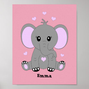 Affiche Bébé éléphant rose mignon pour les filles 