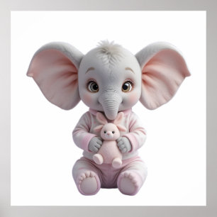 Affiche Bébé éléphant tenant un jouet – Douce nurserie