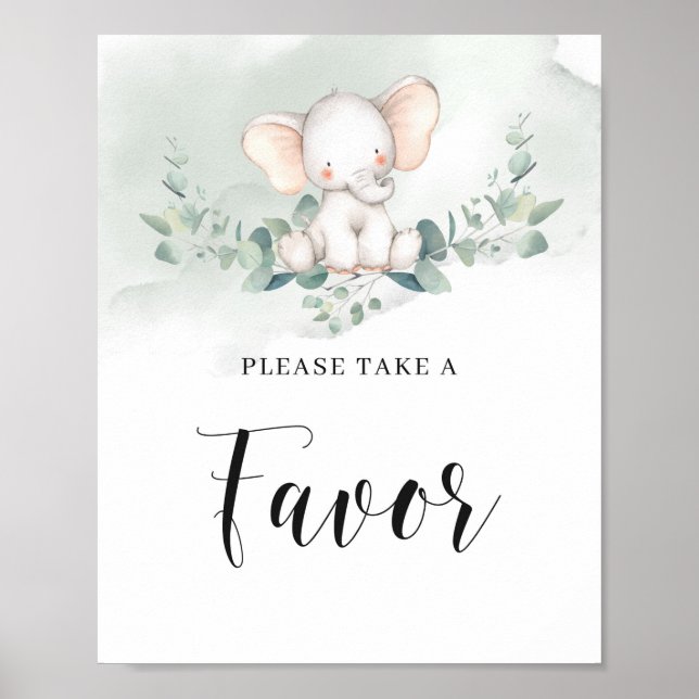 Affiche Bébé éléphant vert eucalyptus boho signe de faveur (Devant)