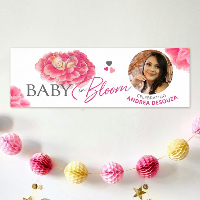 Affiche Bébé en fleur aquarelle baby shower photo rose (Créateur téléchargé)