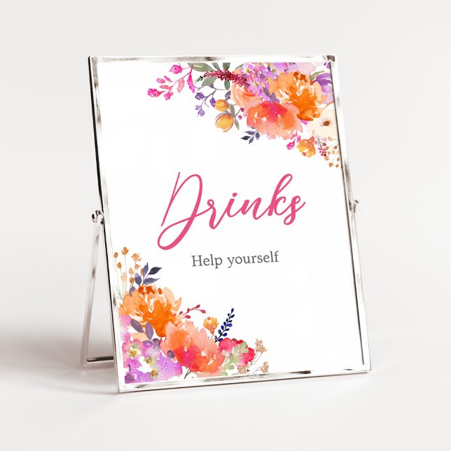Affiche Bébé en Fleur Baby shower floral brillant Boissons (Baby in Bloom Baby Shower Drinks Sign)