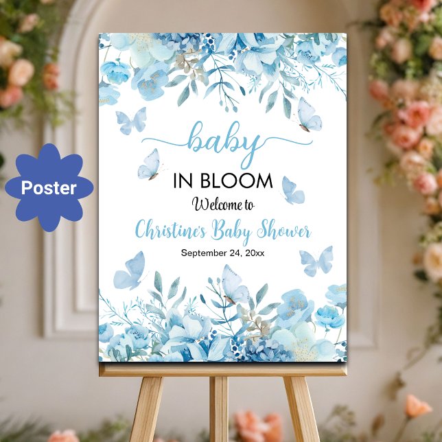 Affiche Bébé en Fleur Bleu Baby shower Floral Bienvenue (Créateur téléchargé)